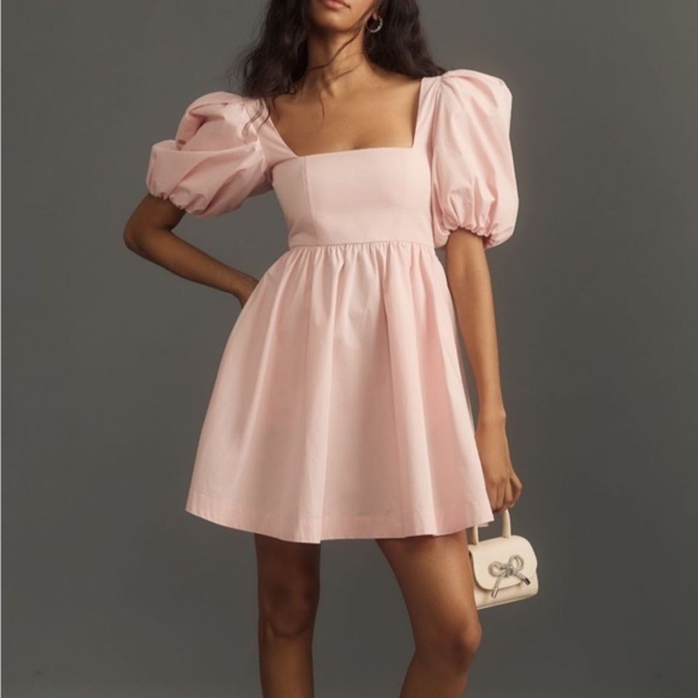 Anthropologie Maeve puff sleeve square neck mini dress pink size medium